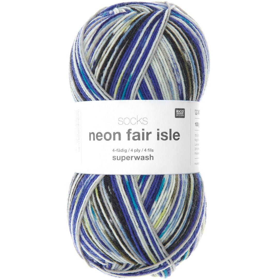 Socks Neon Fair Isle 4-fädig 100g 380m Farbe Aqua